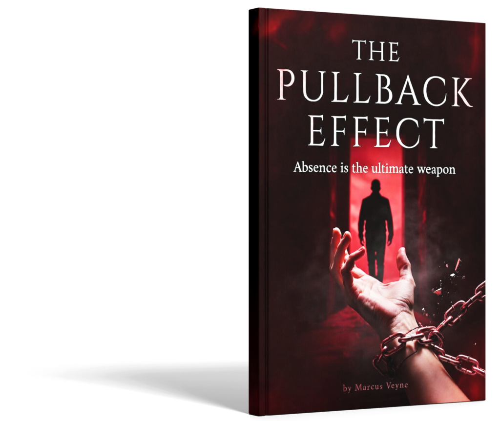 The Pullback Effect by Marcus Veyne - book cover showing a hand breaking free from chains with a silhouette in a red corridor, symbolizing absence as the ultimate weapon