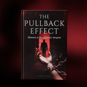 The Pullback Effect by Marcus Veyne - book cover showing a hand breaking free from chains with a silhouette in a red corridor, symbolizing absence as the ultimate weapon